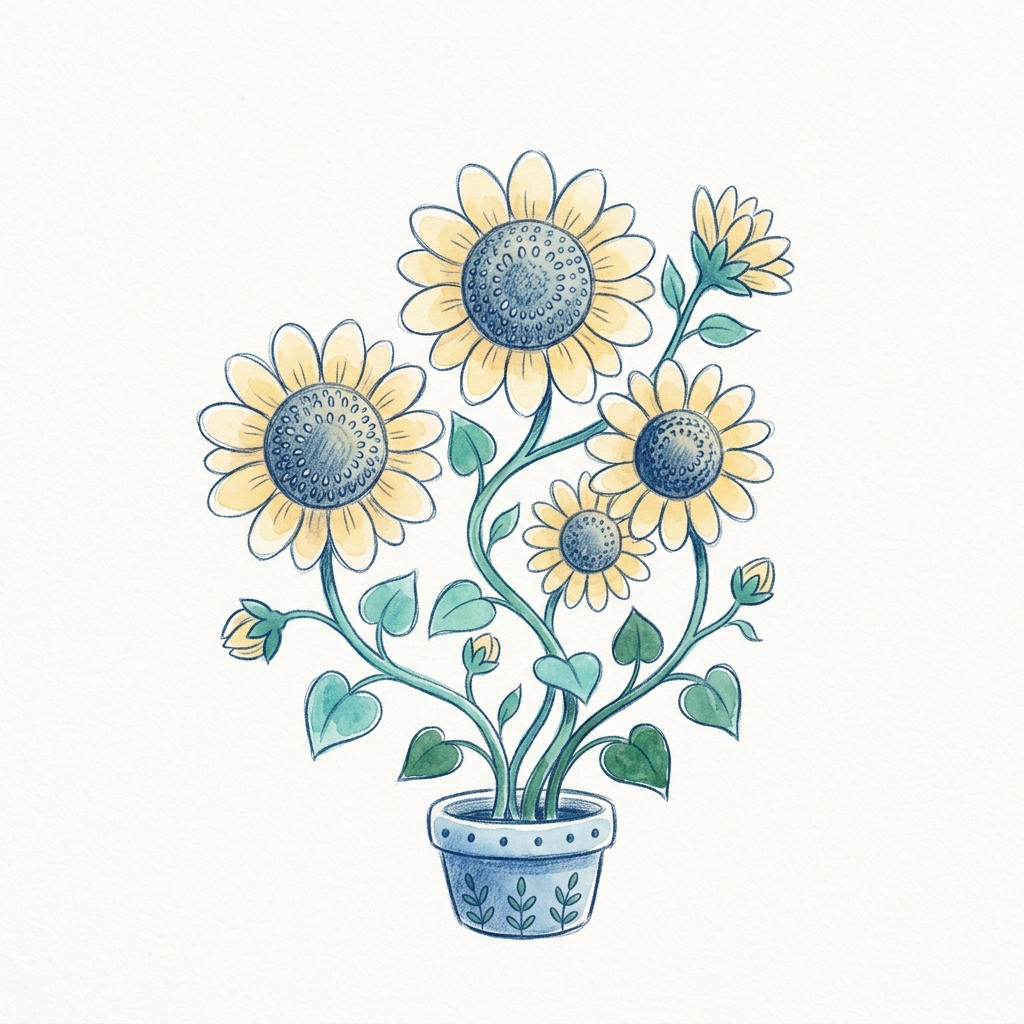 Cute hand-drawn illustration on a plain white background of sunflowers, simple icon-like composition, cool blue tones, quiet atmosphere, 1:1 aspect ratio