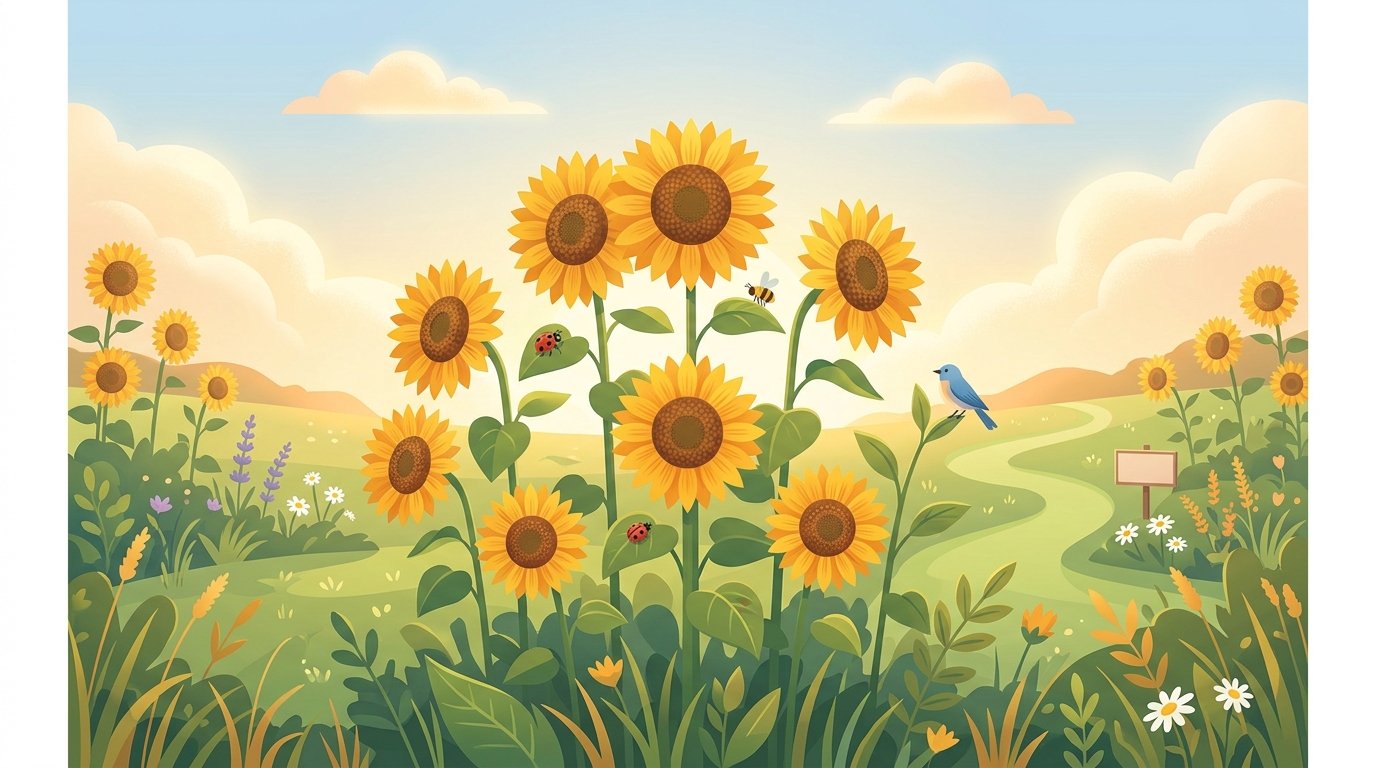 Flat vector illustration on a plain white background of sunflowers, cheerful scene with gentle details, warm golden light, calm mood, 16:9 aspect ratio