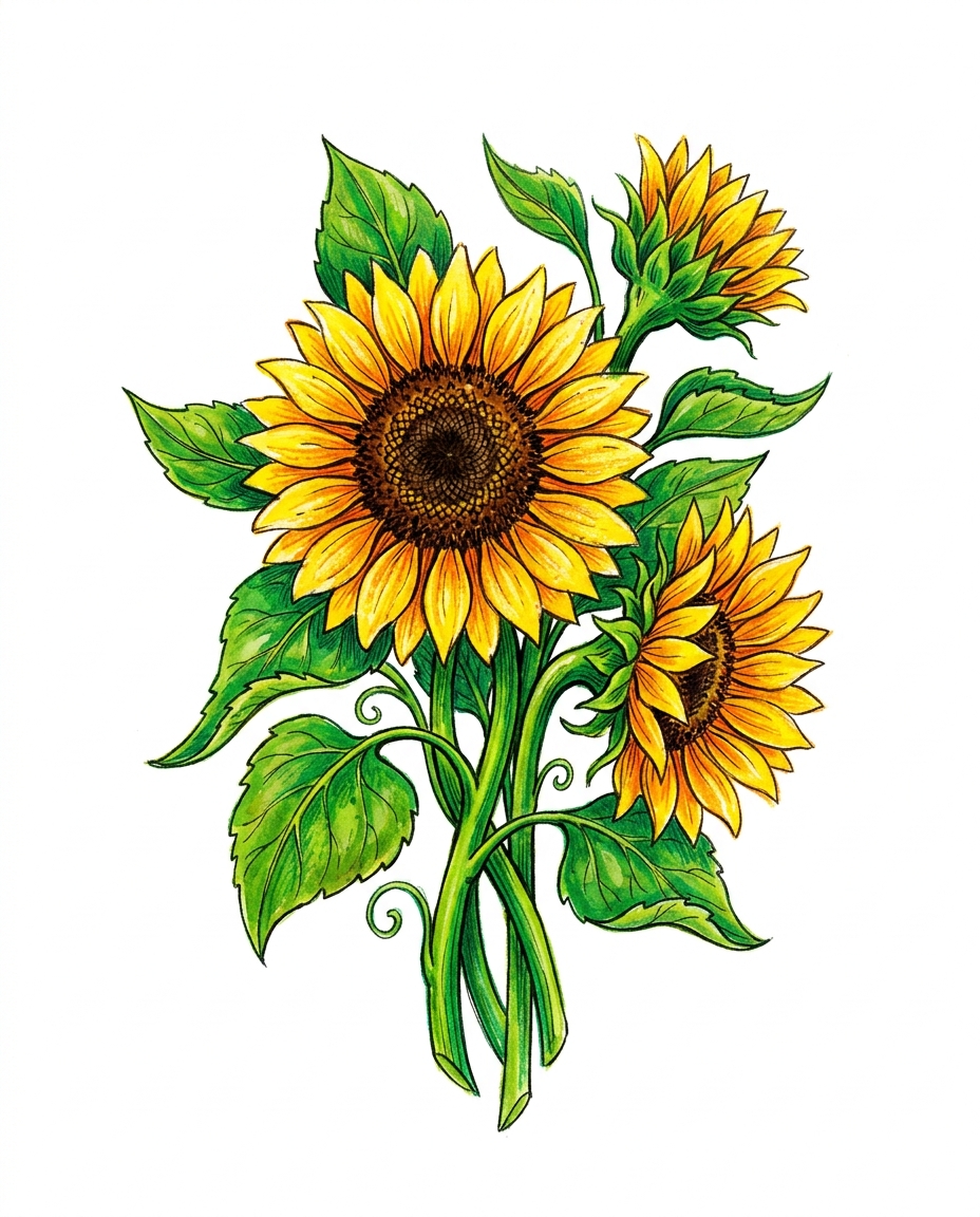 Cute hand-drawn illustration on a plain white background of sunflowers, isolated single subject, centered, vivid colors, high contrast, energetic, 4:5 aspect ratio