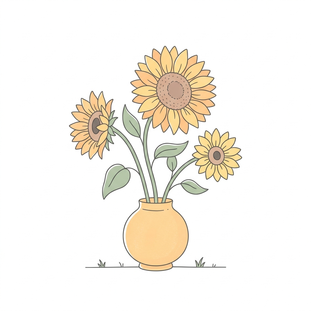 Simple line art with soft colors on a plain white background of sunflowers, simple icon-like composition, soft pastel colors, bright and cozy, 1:1 aspect ratio