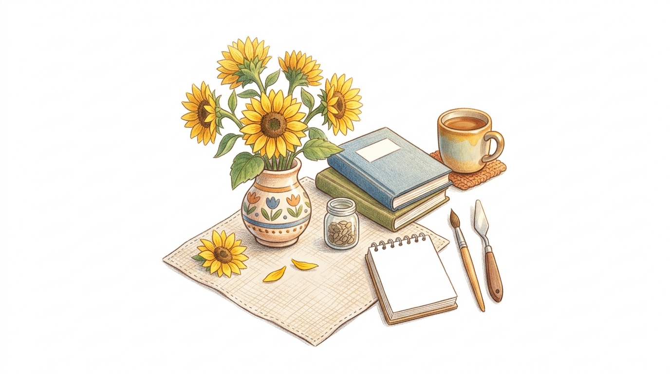 Cute hand-drawn illustration on a plain white background of sunflowers, small set of several items arranged neatly, warm golden light, calm mood, 16:9 aspect ratio
