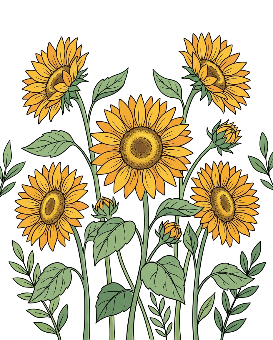 Simple line art with soft colors on a plain white background of sunflowers, cheerful scene with gentle details, vivid colors, high contrast, energetic, 4:5 aspect ratio