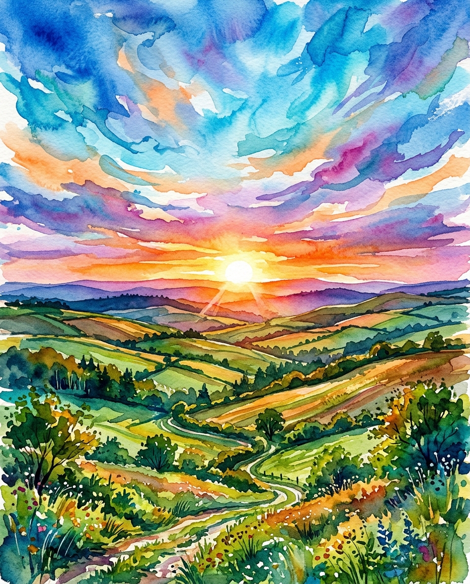 Watercolor illustration of sunrise over rolling hills, wide shot with open space at the top for text, vivid colors, high contrast, energetic, 4:5 aspect ratio