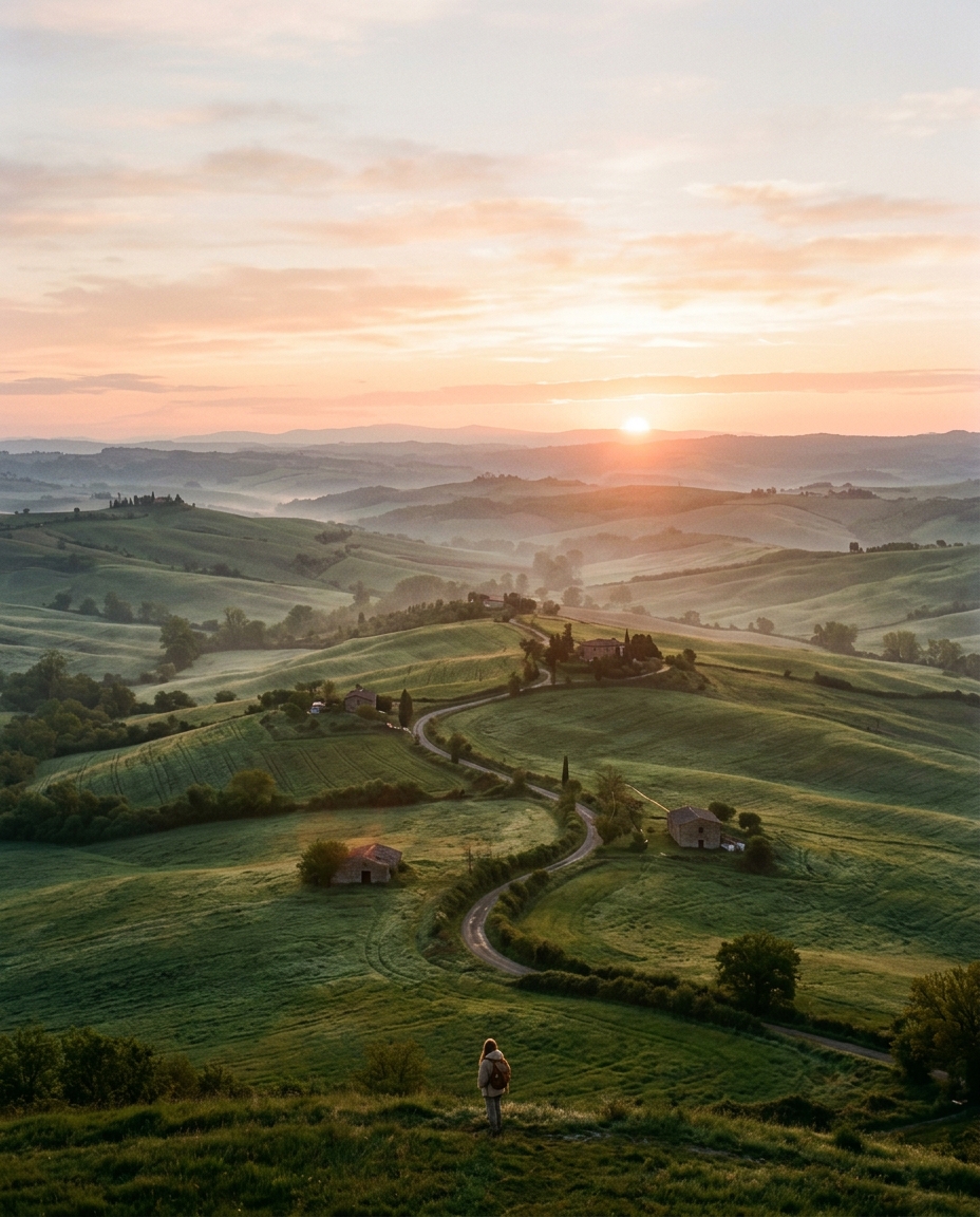 Cinematic film still of sunrise over rolling hills, high-angle view from above, soft pastel colors, bright and cozy, 4:5 aspect ratio