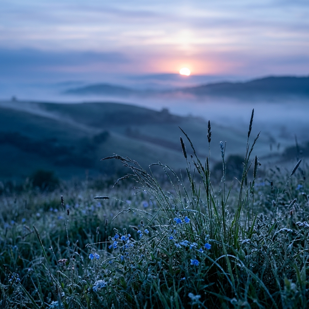 Photorealistic photo of sunrise over rolling hills, close-up detail with shallow depth of field, cool blue tones, quiet atmosphere, 1:1 aspect ratio