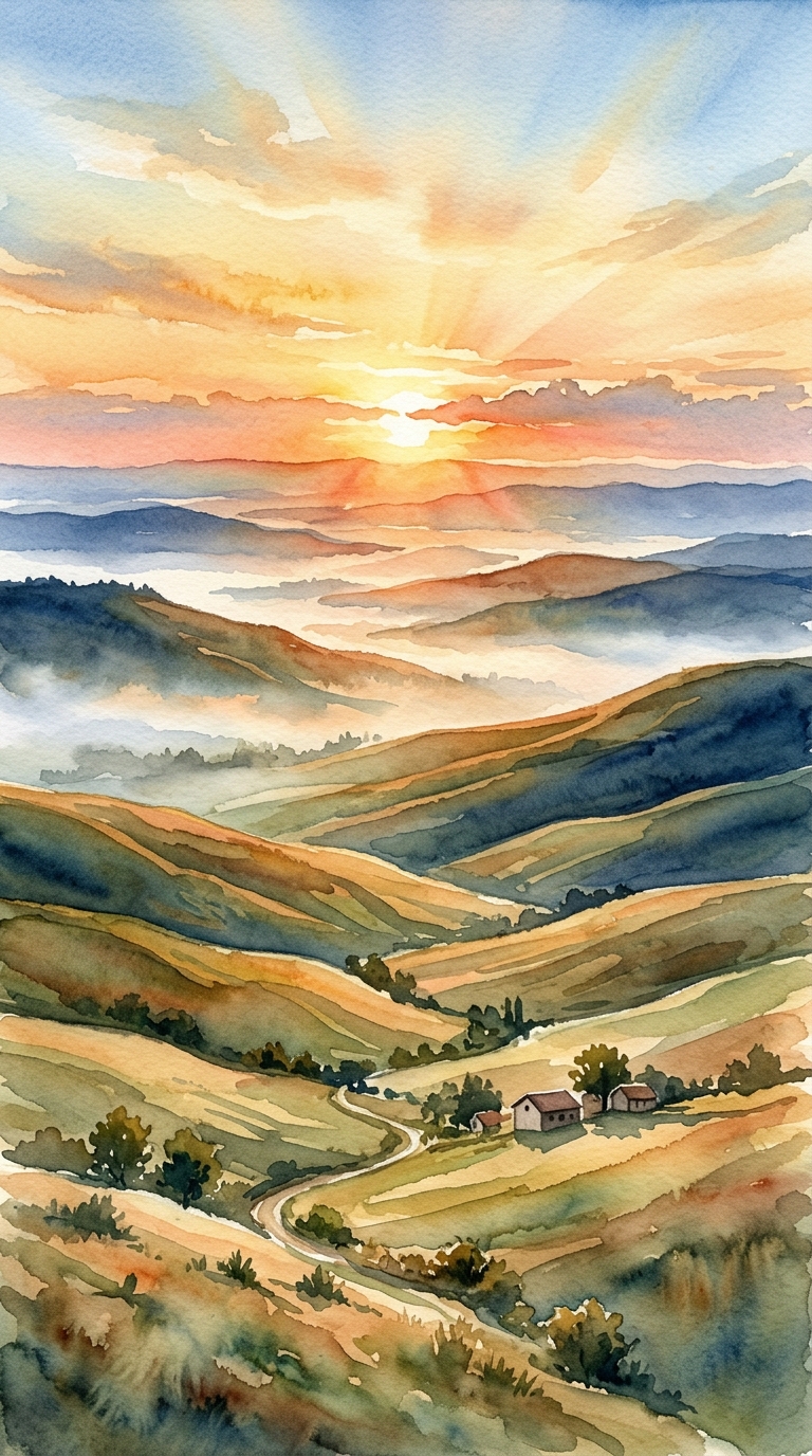 Watercolor illustration of sunrise over rolling hills, high-angle view from above, warm golden light, calm mood, 9:16 aspect ratio
