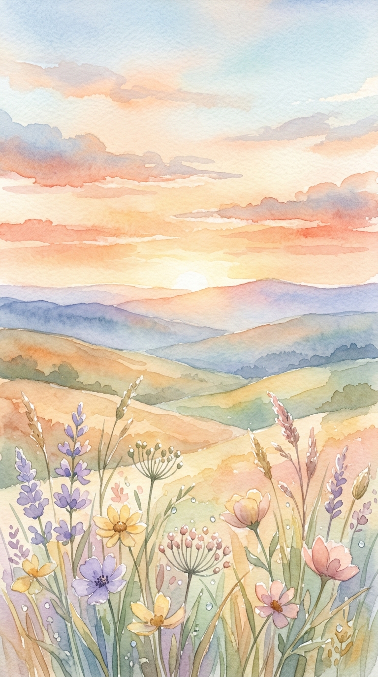 Watercolor illustration of sunrise over rolling hills, close-up detail with shallow depth of field, soft pastel colors, bright and cozy, 9:16 aspect ratio