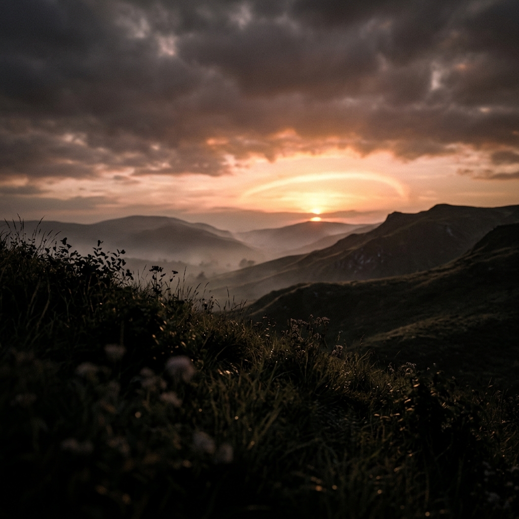 Soft 3d render of sunrise over rolling hills, close-up detail with shallow depth of field, moody dark tones, dramatic lighting, 1:1 aspect ratio