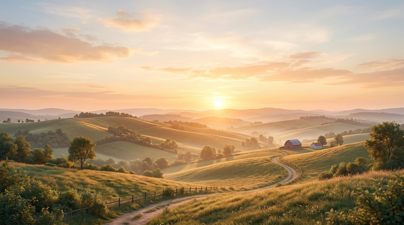 Soft 3d render of sunrise over rolling hills, wide shot with open space at the top for text, warm golden light, calm mood, 16:9 aspect ratio