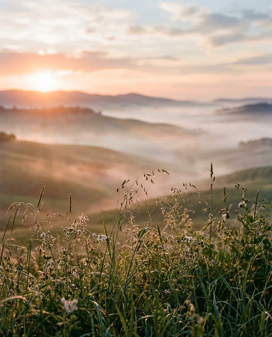 Cinematic film still of sunrise over rolling hills, close-up detail with shallow depth of field, misty morning haze, dreamy, 4:5 aspect ratio
