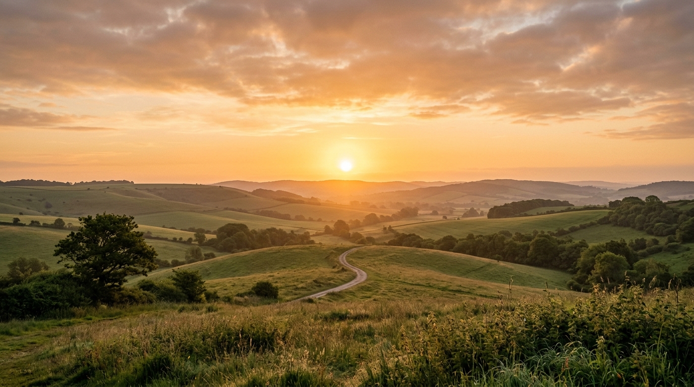 Photorealistic photo of sunrise over rolling hills, centered subject with a simple uncluttered composition, warm golden light, calm mood, 16:9 aspect ratio