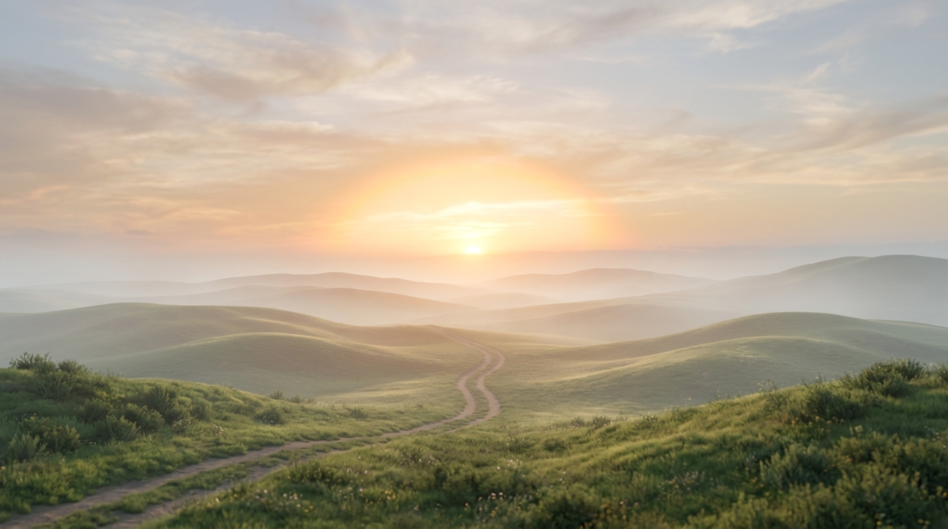 Soft 3d render of sunrise over rolling hills, centered subject with a simple uncluttered composition, misty morning haze, dreamy, 16:9 aspect ratio