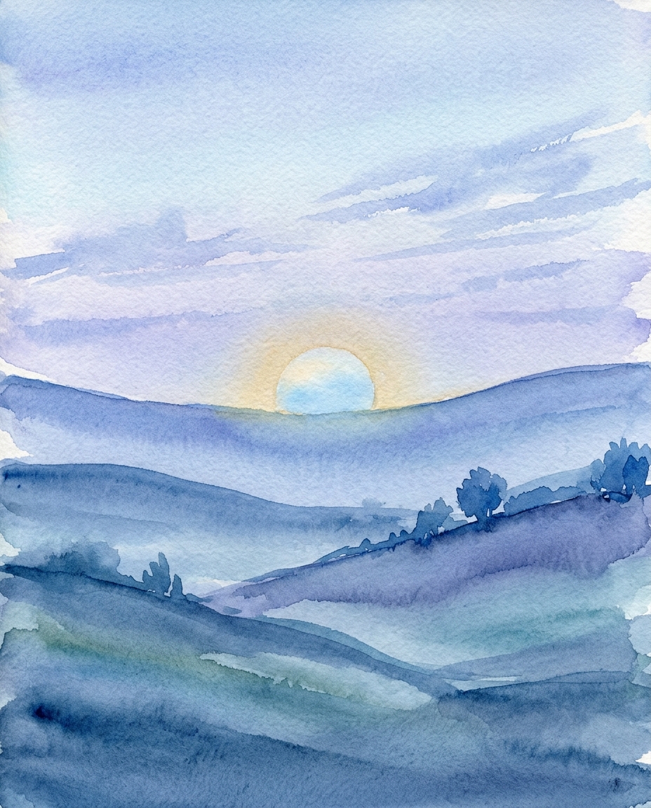 Watercolor illustration of sunrise over rolling hills, centered subject with a simple uncluttered composition, cool blue tones, quiet atmosphere, 4:5 aspect ratio