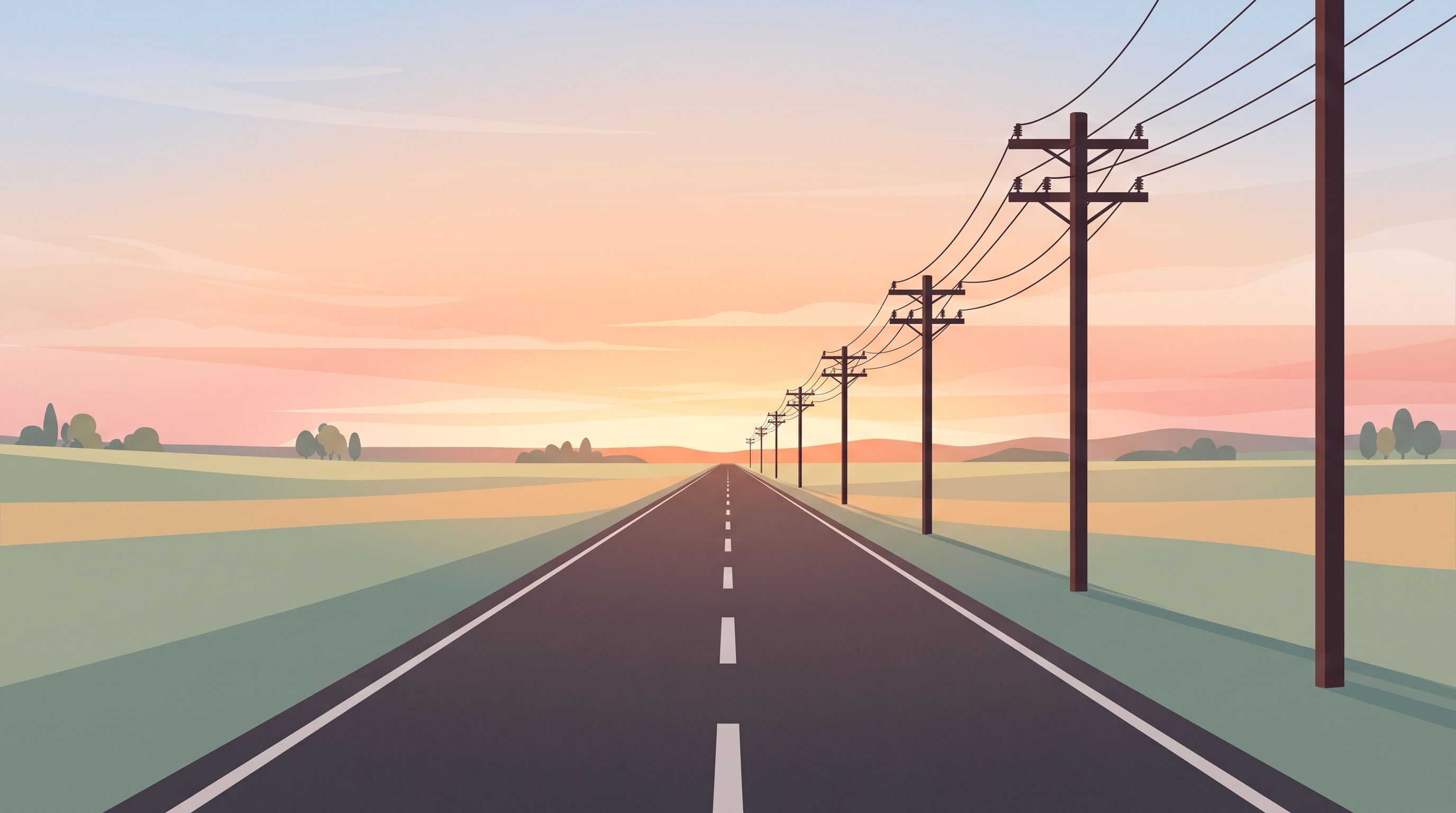 Minimal flat illustration of empty road at sunset with power lines, centered subject with a simple uncluttered composition, soft pastel colors, bright and cozy, 16:9 aspect ratio