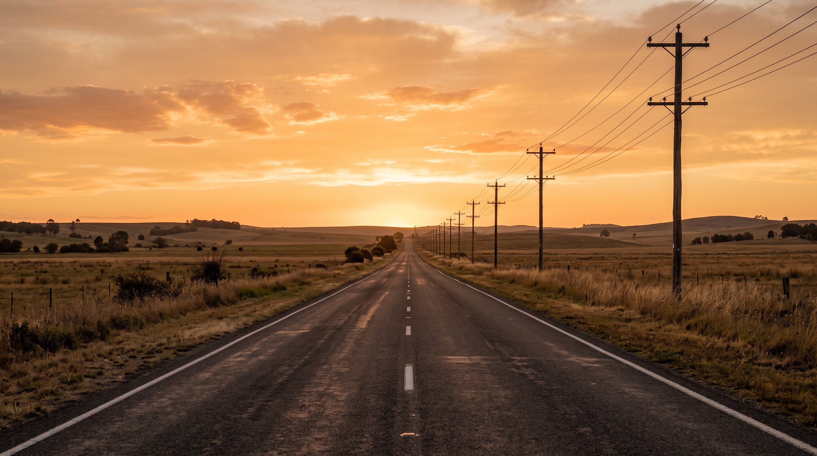 Photorealistic photo of empty road at sunset with power lines, centered subject with a simple uncluttered composition, warm golden light, calm mood, 16:9 aspect ratio