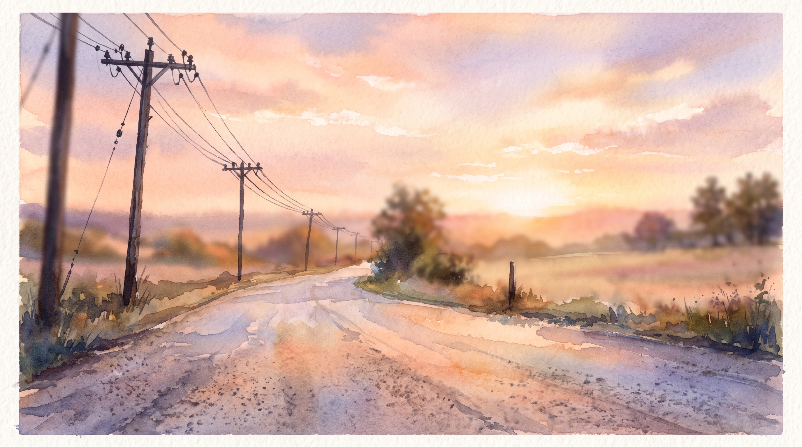 Watercolor illustration of empty road at sunset with power lines, close-up detail with shallow depth of field, soft pastel colors, bright and cozy, 16:9 aspect ratio