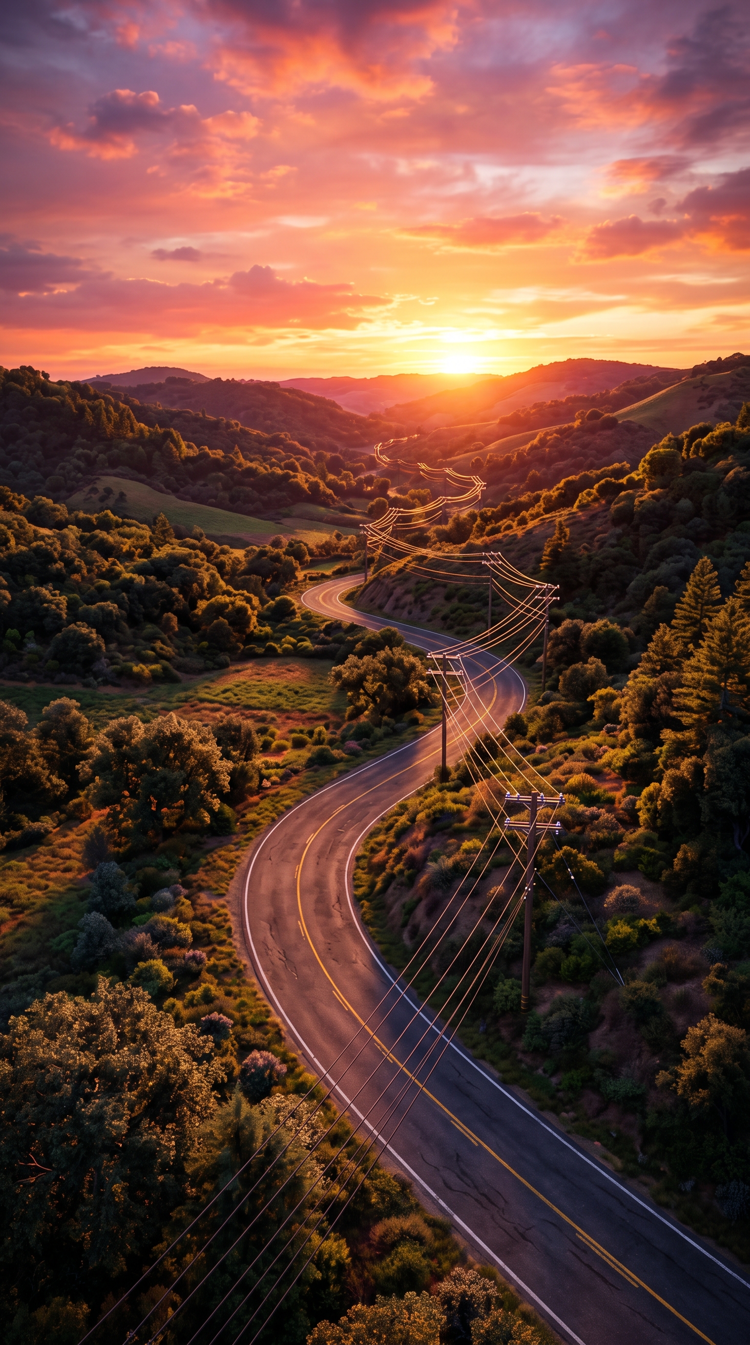 Soft 3d render of empty road at sunset with power lines, high-angle view from above, vivid colors, high contrast, energetic, 9:16 aspect ratio