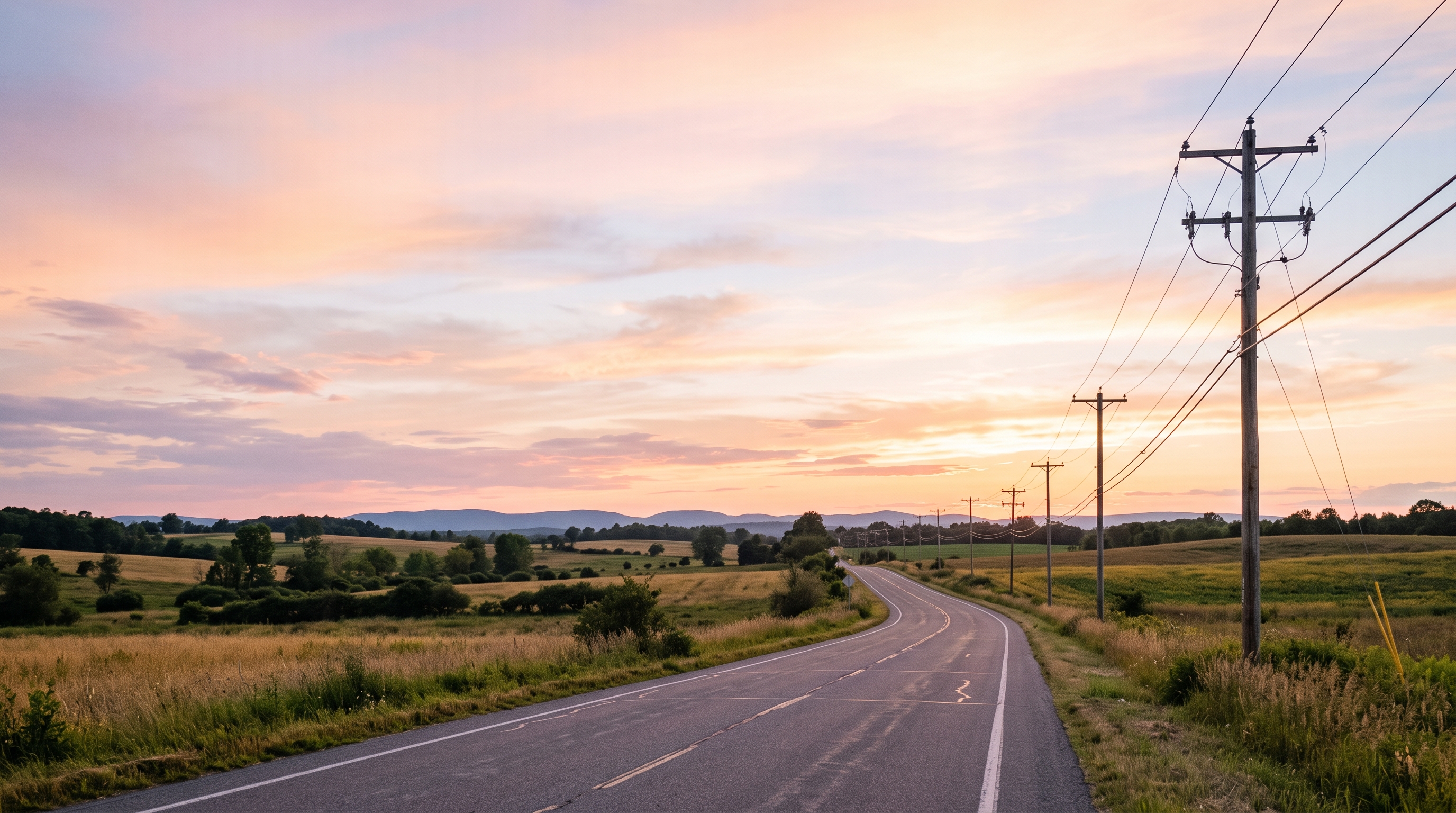 Photorealistic photo of empty road at sunset with power lines, wide shot with open space at the top for text, soft pastel colors, bright and cozy, 16:9 aspect ratio