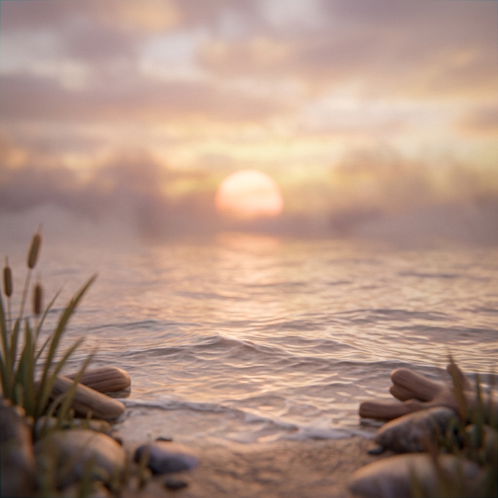 Renderização 3D suave de pôr do sol sobre o mar, detalhe em close-up com profundidade de campo rasa, névoa matinal nebulosa, sonhador, proporção 1:1