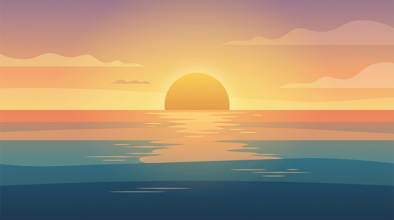 Ilustración plana minimalista de una puesta de sol sobre el mar, vista en ángulo picado desde arriba, luz dorada cálida, ambiente sereno, relación de aspecto 16:9