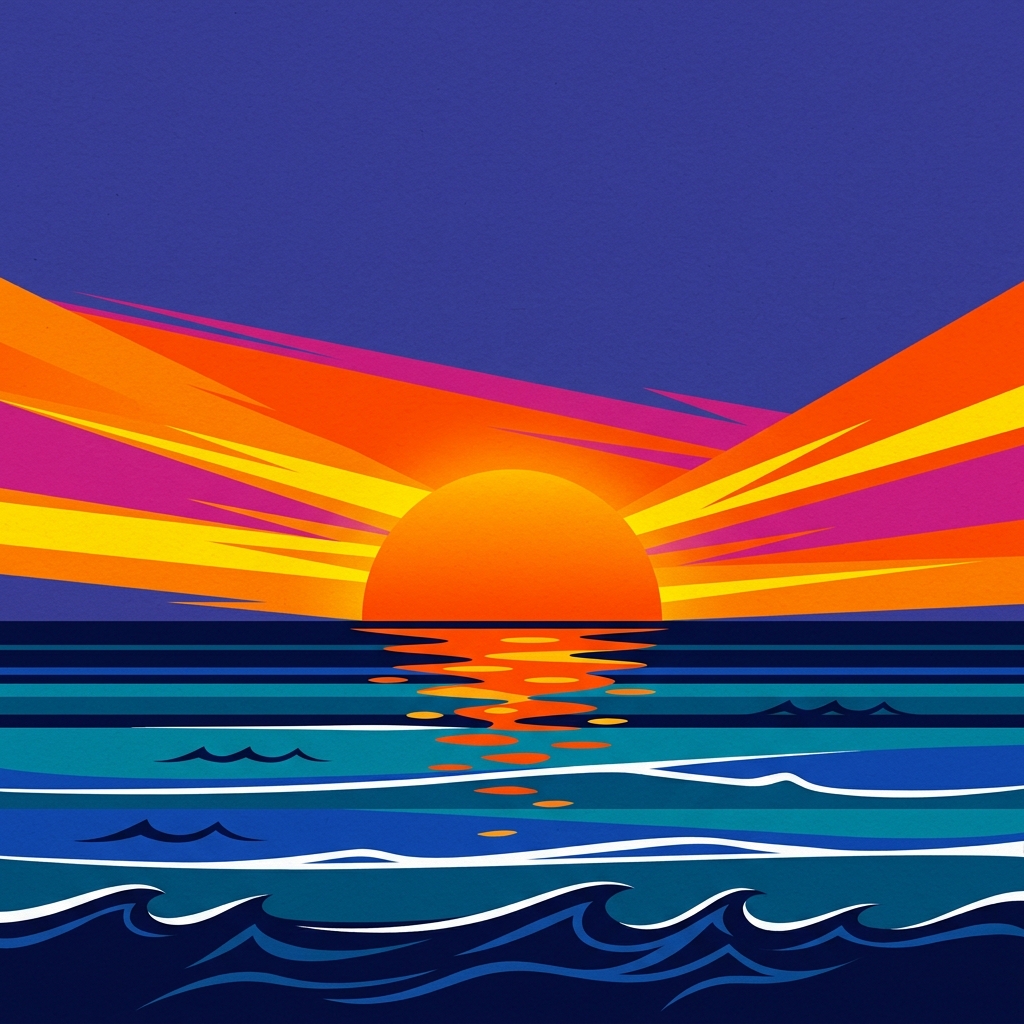 Ilustração plana minimalista de pôr do sol sobre o mar, tomada ampla com espaço livre na parte superior para texto, cores vivas, alto contraste, enérgico, proporção 1:1