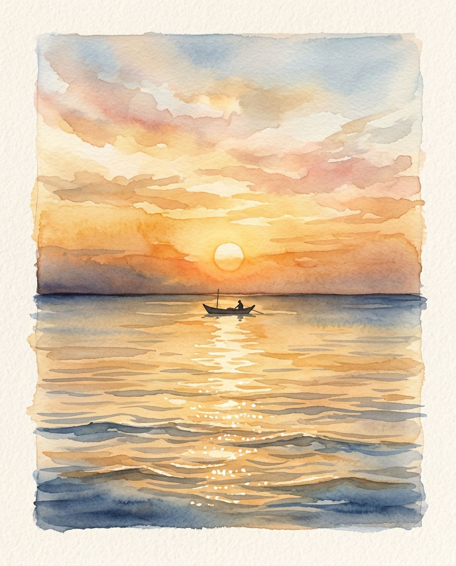 海面上日落的水彩插畫，置中主體搭配乾淨簡潔的背景，溫暖金黃光線，平靜的氛圍，4:5比例