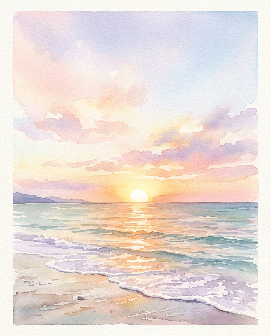 Ilustração em aquarela de pôr do sol sobre o mar, tomada ampla com espaço livre na parte superior para texto, cores pastel suaves, brilhante e aconchegante, proporção 4:5