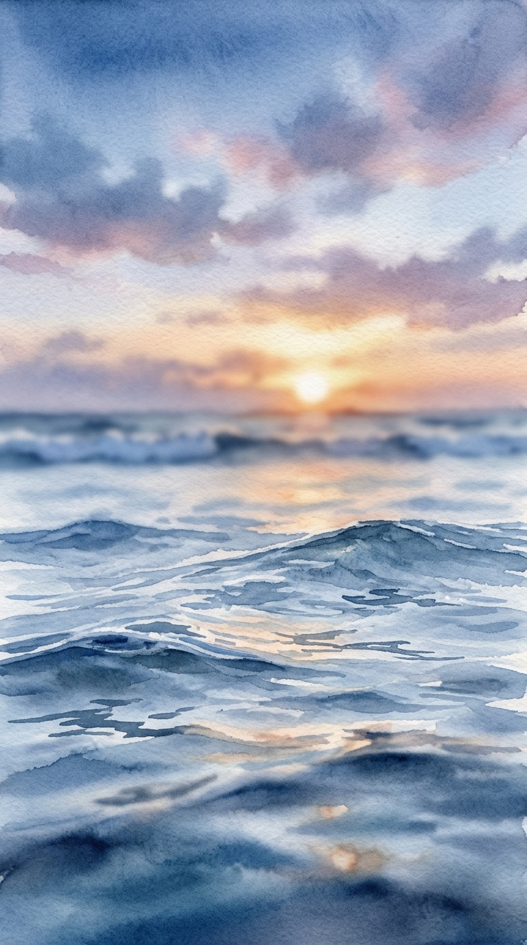 海面上日落的水彩插畫，特寫細節搭配淺景深，冷藍色調，寧靜的氛圍，9:16比例
