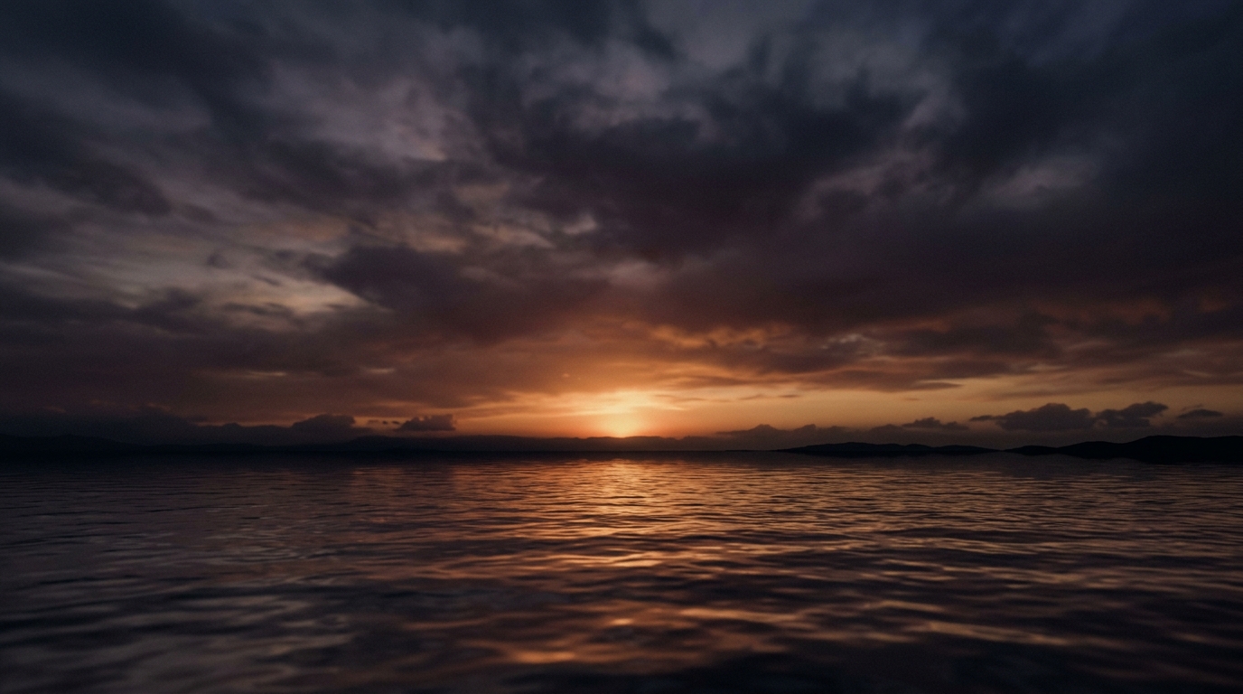 Renderização 3D suave de pôr do sol sobre o mar, tomada ampla com espaço livre na parte superior para texto, tons escuros melancólicos, iluminação dramática, proporção 16:9