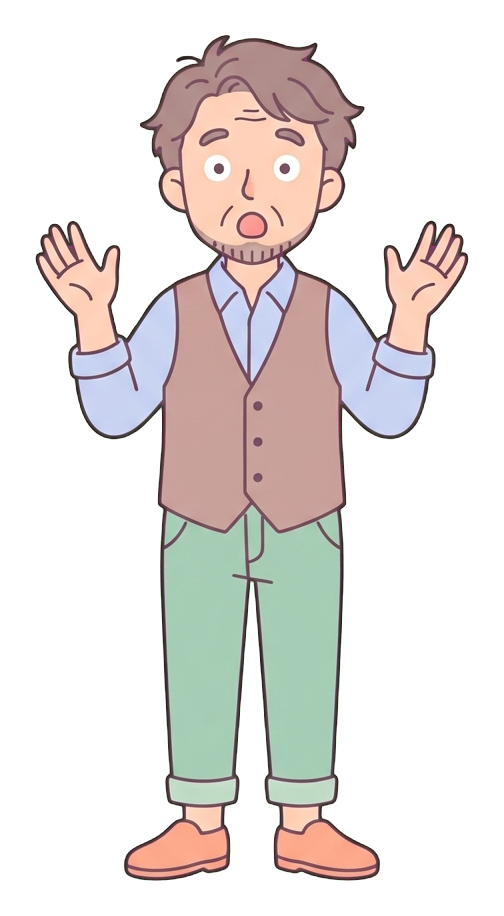 Simple e ilustrativa caricatura plana y linda con colores pastel suaves y finos contornos oscuros y limpios de un hombre de mediana edad, persona sorprendida con los ojos muy abiertos y la boca abierta, PNG con fondo transparente