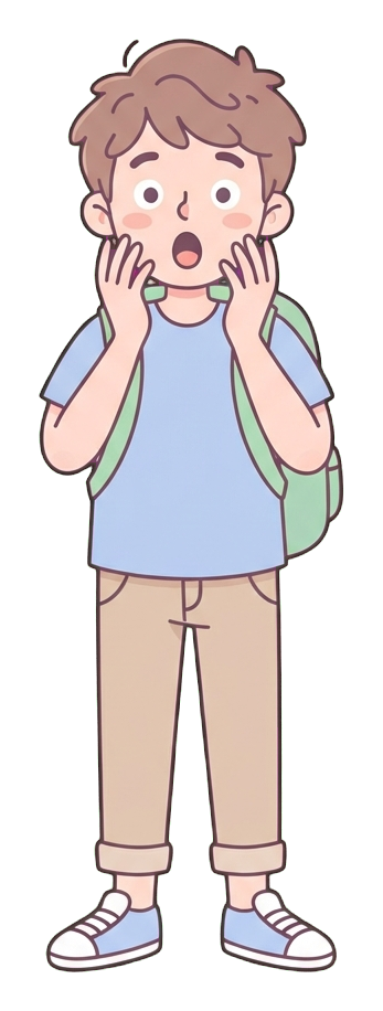 Simple cute flat cartoon illustration with soft pastel colors and thin clean dark outlines of a young man, surprised person with wide eyes and an open mouth, transparent background PNG