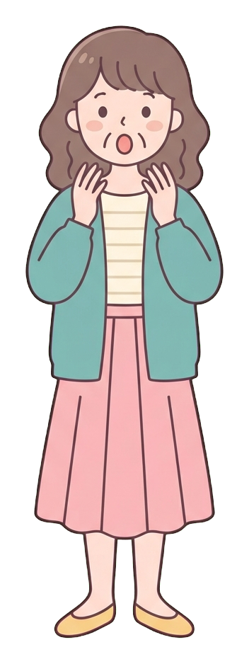 Simple cute flat cartoon illustration with soft pastel colors and thin clean dark outlines of a middle-aged woman, surprised person with wide eyes and an open mouth, transparent background PNG