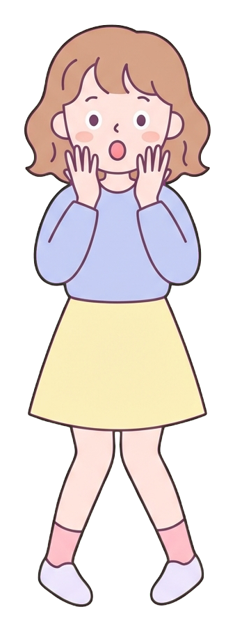 Simple cute flat cartoon illustration with soft pastel colors and thin clean dark outlines of a young woman, surprised person with wide eyes and an open mouth, transparent background PNG