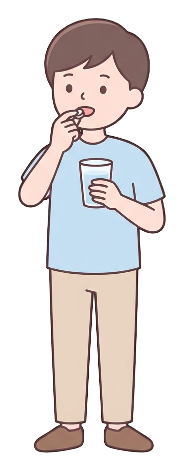 Simple cute flat cartoon illustration with soft pastel colors and thin clean dark outlines of a young man, person taking a pill with a glass of water, transparent background PNG