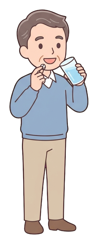 Simple cute flat cartoon illustration with soft pastel colors and thin clean dark outlines of a middle-aged man, person taking a pill with a glass of water, transparent background PNG