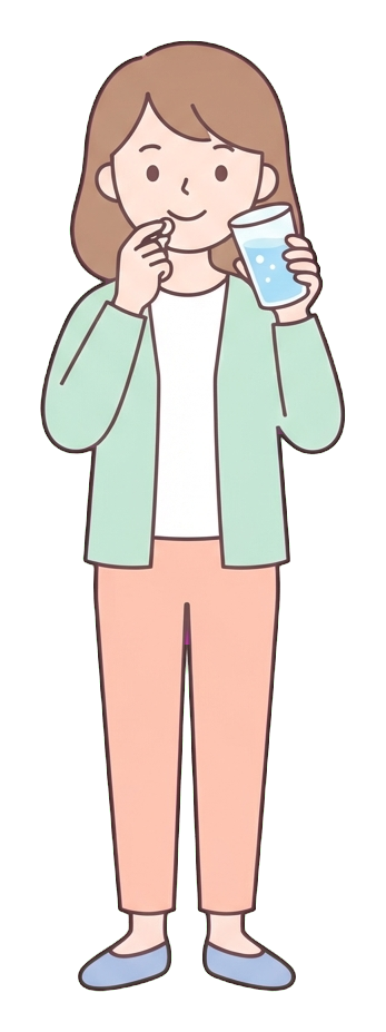 Simple cute flat cartoon illustration with soft pastel colors and thin clean dark outlines of a young woman, person taking a pill with a glass of water, transparent background PNG