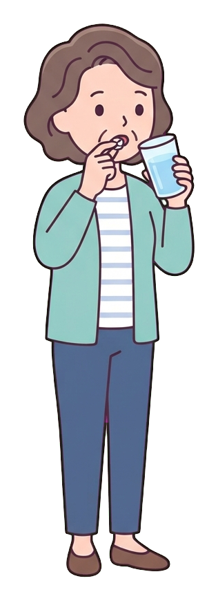 Simple cute flat cartoon illustration with soft pastel colors and thin clean dark outlines of a middle-aged woman, person taking a pill with a glass of water, transparent background PNG