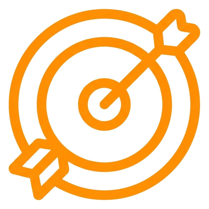 Rounded line icon, thick orange outline of a target with an arrow in the center icon, transparent background PNG