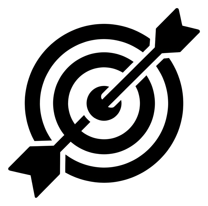 Bold black glyph icon, solid filled silhouette of a target with an arrow in the center icon, transparent background PNG