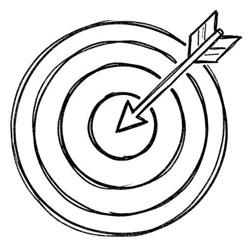Cute hand-drawn doodle icon, black pen of a target with an arrow in the center icon, transparent background PNG