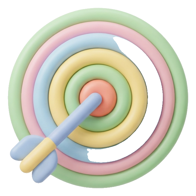 Soft 3D icon, pastel clay render of a target with an arrow in the center icon, transparent background PNG