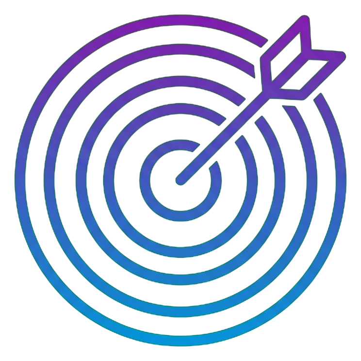 Gradient app-style icon, purple to blue gradient of a target with an arrow in the center icon, transparent background PNG