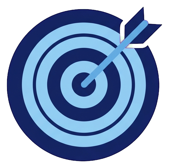 Duotone icon, navy blue and light blue of a target with an arrow in the center icon, transparent background PNG