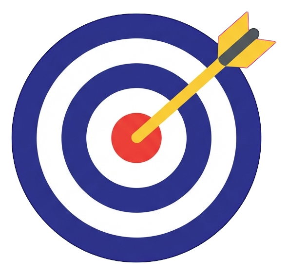 Flat color icon, bold solid colors of a target with an arrow in the center icon, transparent background PNG