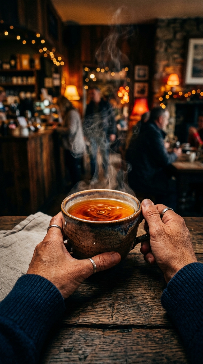 Cinematic film still of cup of tea, centered subject with a simple uncluttered composition, vivid colors, high contrast, energetic, 9:16 aspect ratio