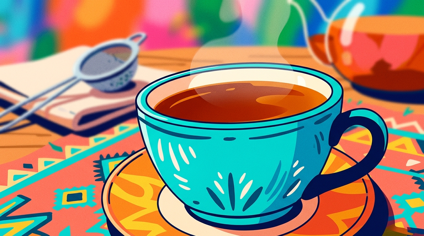 Minimal flat illustration of cup of tea, close-up detail with shallow depth of field, vivid colors, high contrast, energetic, 16:9 aspect ratio