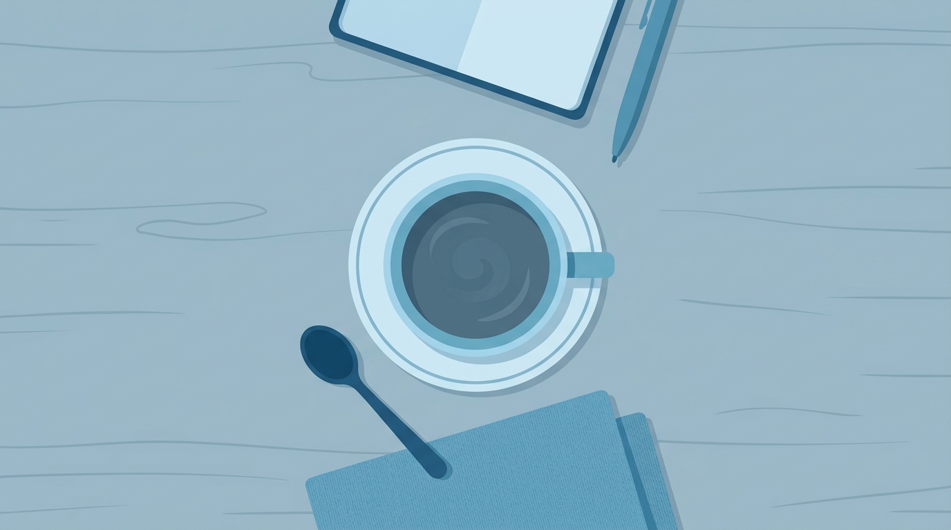 Minimal flat illustration of cup of tea, high-angle view from above, cool blue tones, quiet atmosphere, 16:9 aspect ratio