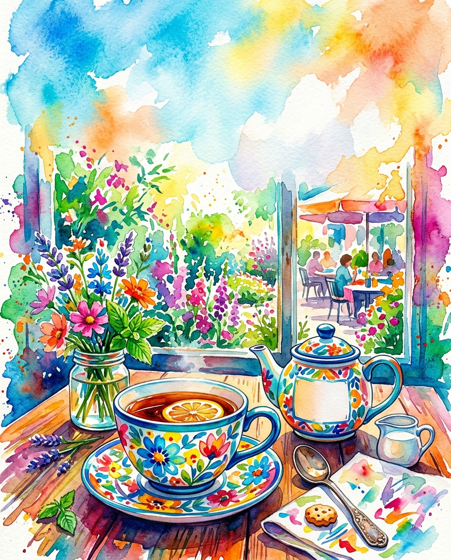 Watercolor illustration of cup of tea, wide shot with open space at the top for text, vivid colors, high contrast, energetic, 4:5 aspect ratio