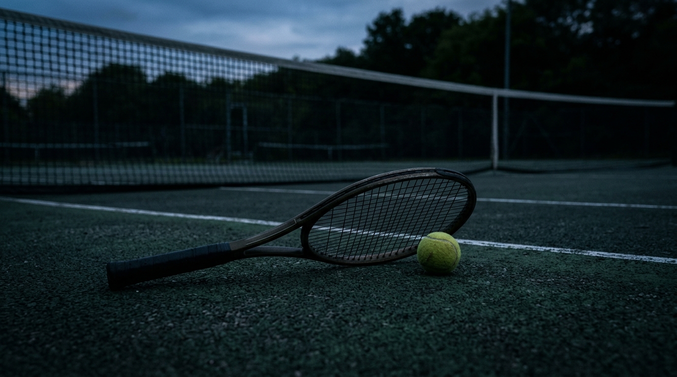 Photorealistic photo of a tennis racket and ball on a court, centered subject with a simple uncluttered composition, moody dark tones, dramatic lighting, 16:9 aspect ratio