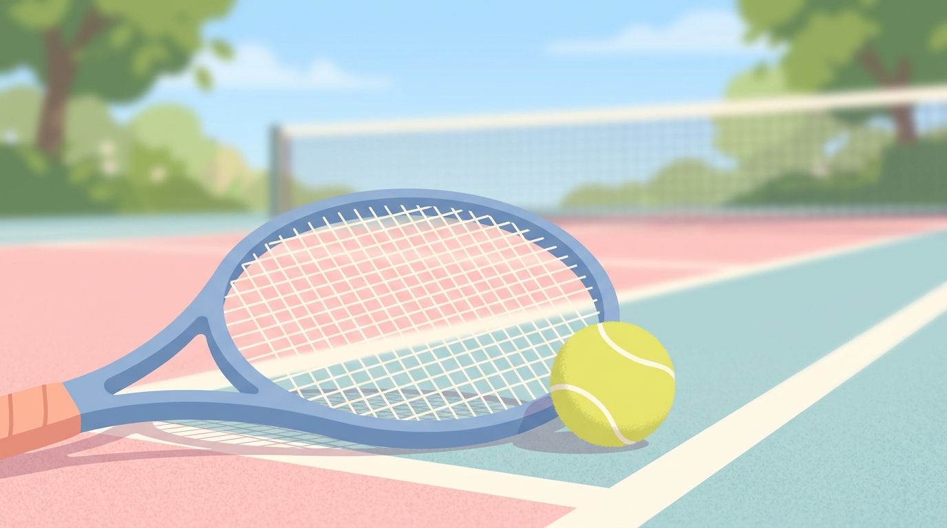 Minimal flat illustration of a tennis racket and ball on a court, close-up detail with shallow depth of field, soft pastel colors, bright and cozy, 16:9 aspect ratio